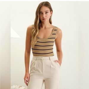 Striped Ribbed bodysuit Top - Beige/Black